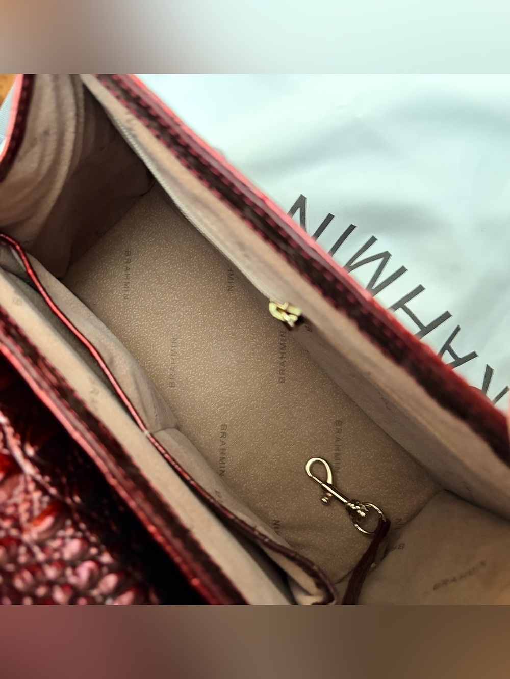 Brahmin Red Croc-Embossed Satchel with Swarovski Wreath Buckle, and Bird Charm - Picture 10 of 12